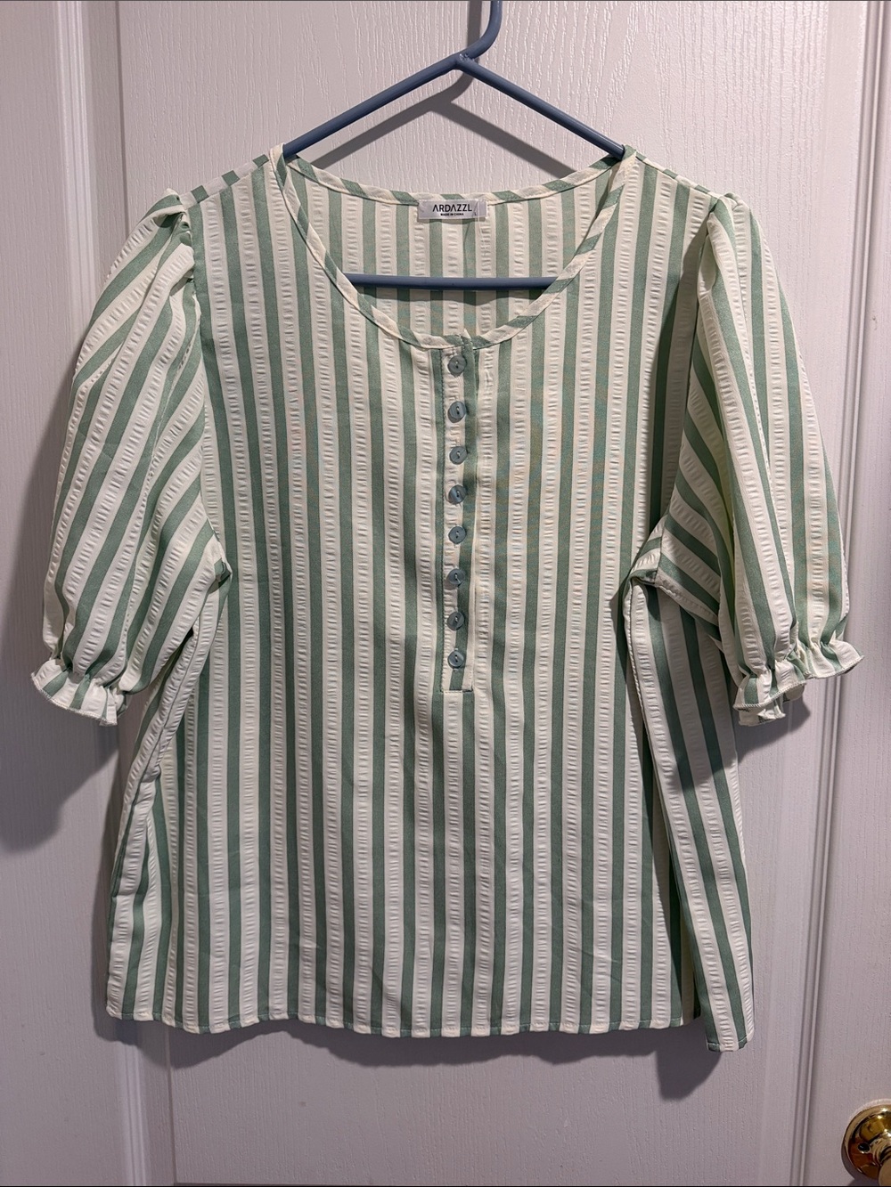 Light Green and White Striped Button-Front Puff Sleeve Blouse